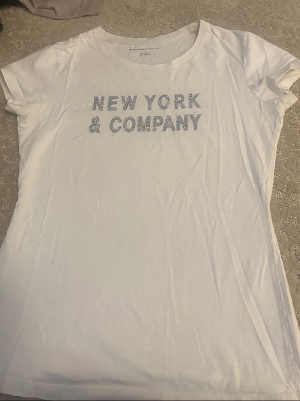 New York & Company White Short Sleeve Tee with Silver Glitter Logo